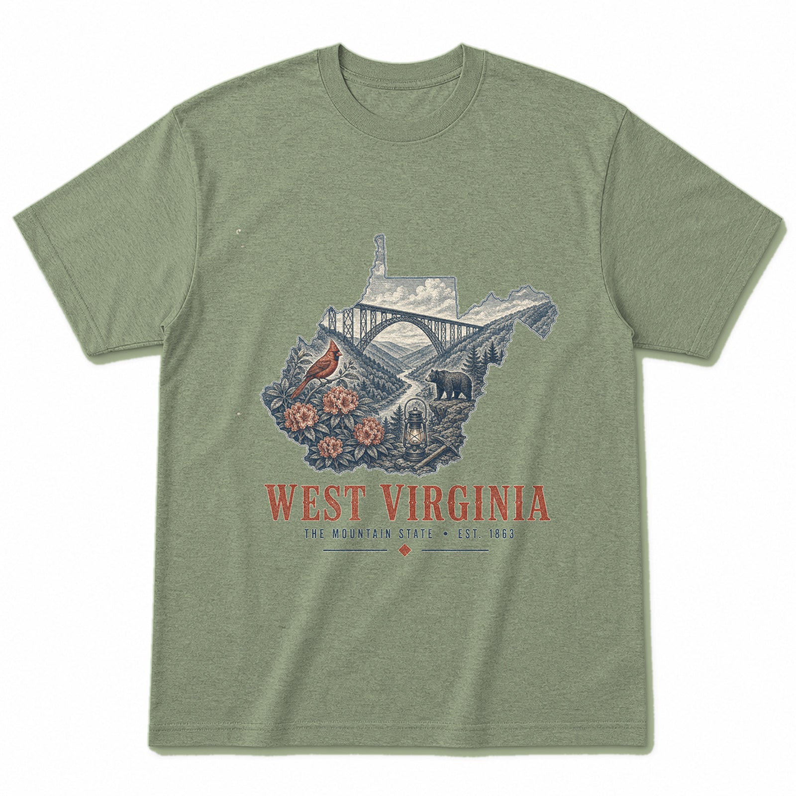 Vintage West Virginia State Graphic T-Shirt in Light Sage Green, front view on a white background