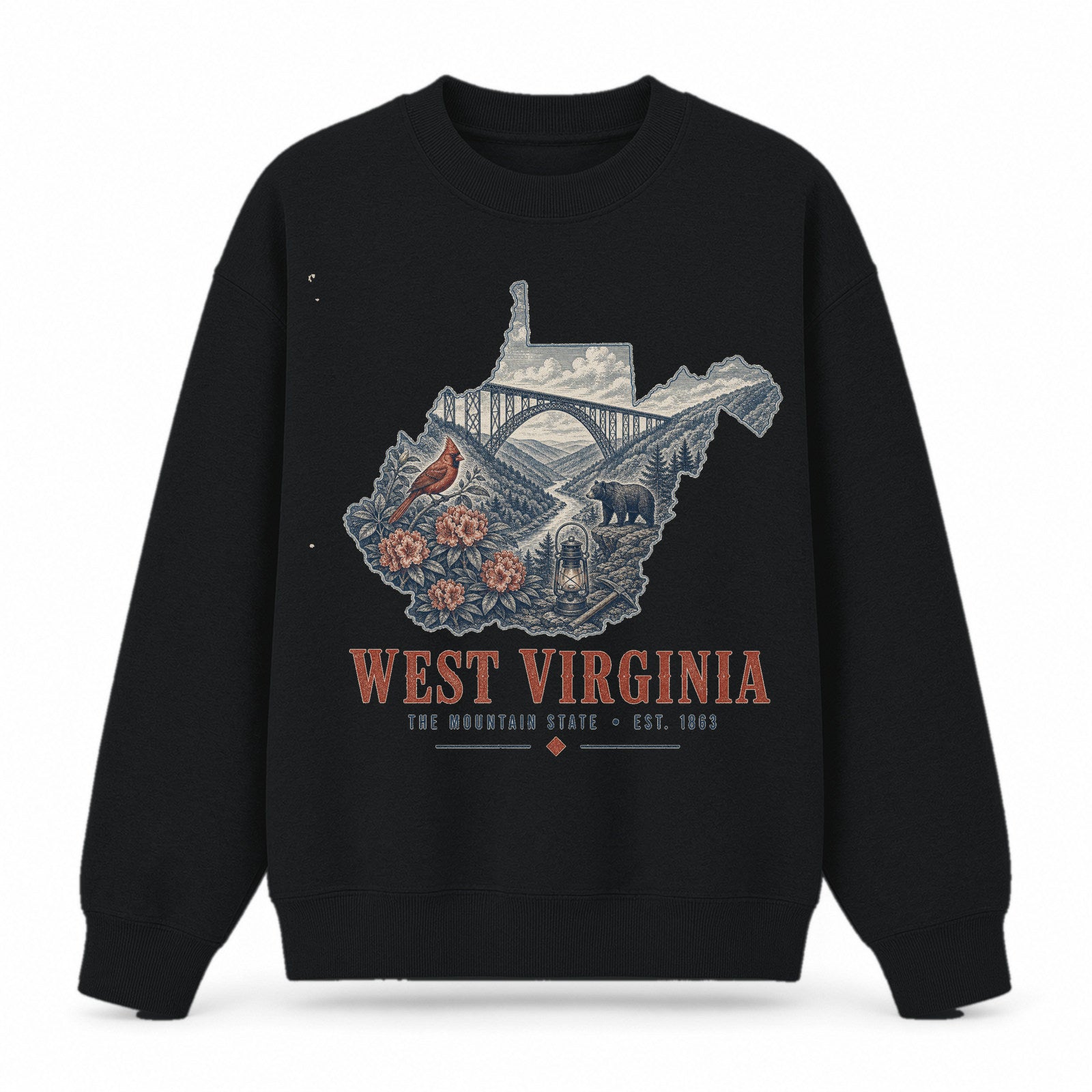 Vintage West Virginia State Graphic Crewneck Sweatshirt in Black, front view on a white background