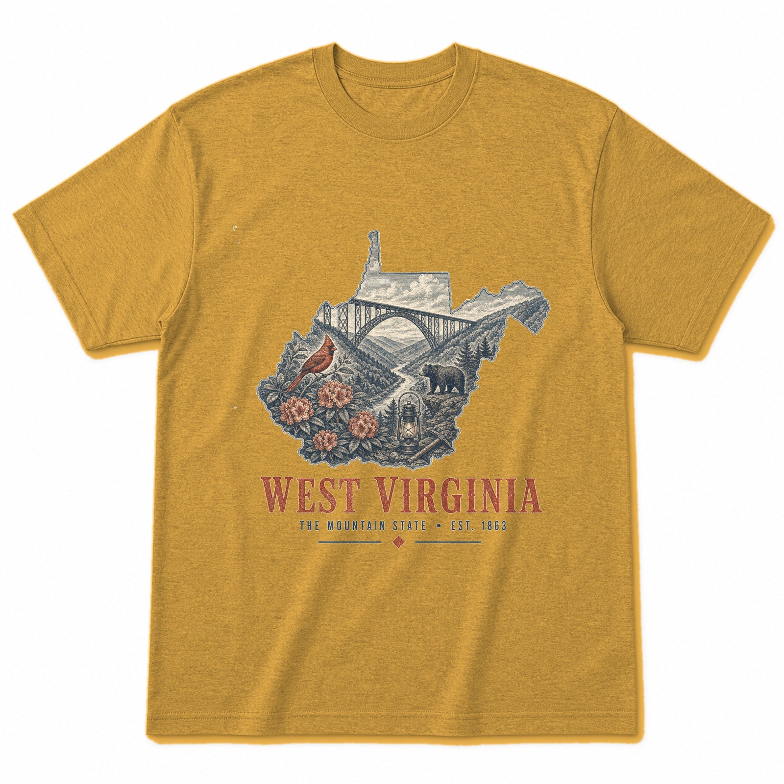 Vintage West Virginia State Graphic T-Shirt in Vintage Mustard Yellow, front view on a white background