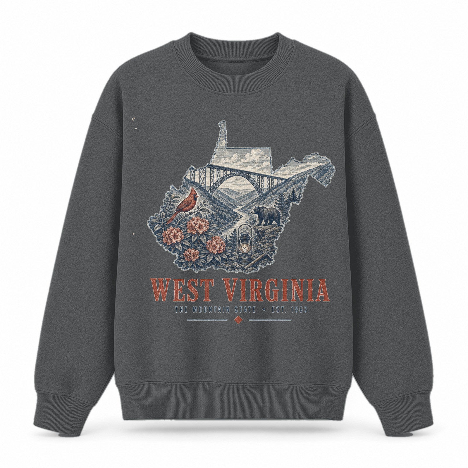 Vintage West Virginia State Graphic Crewneck Sweatshirt in Dark Gray, front view on a white background