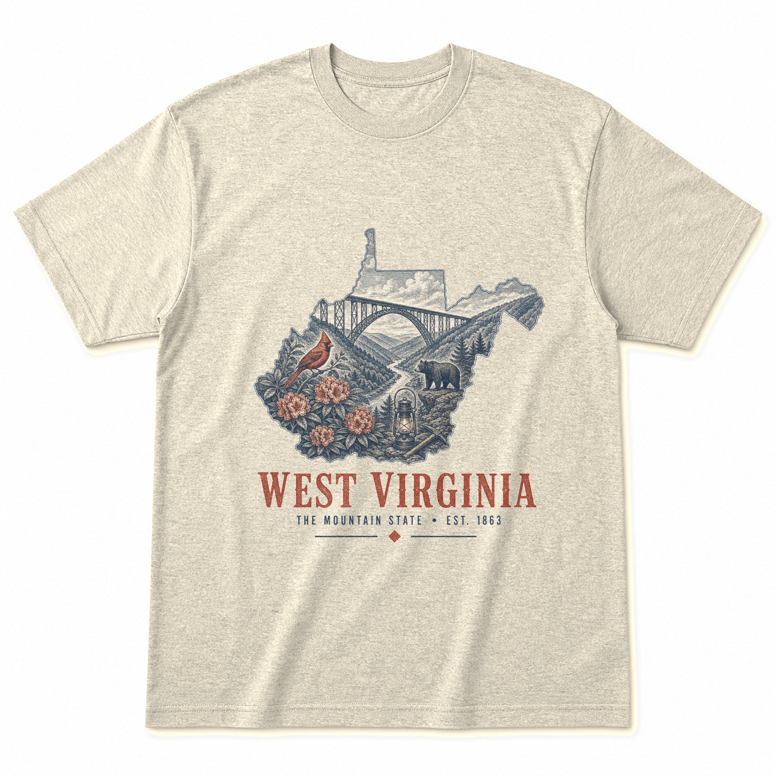 Vintage West Virginia State Graphic T-Shirt in Natural Cream, front view on a white background