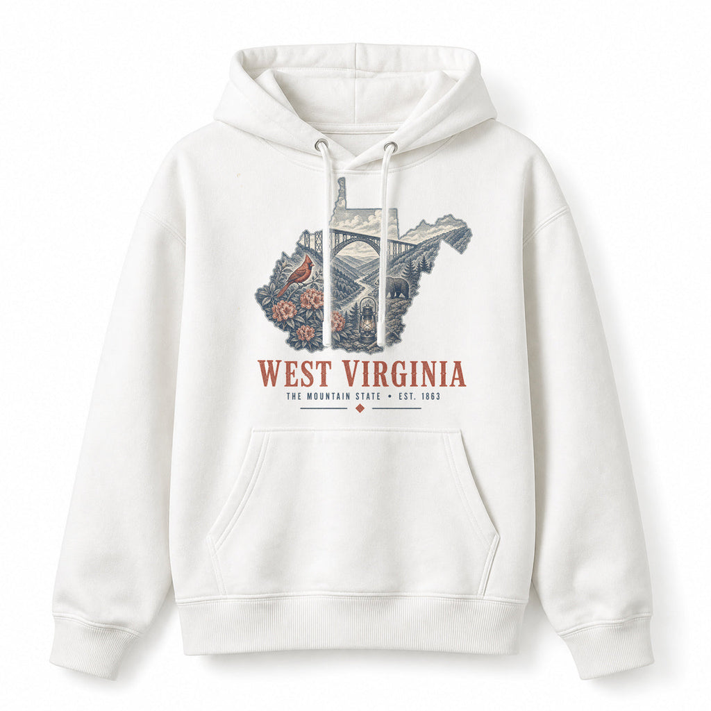Vintage West Virginia State Graphic Pullover Hoodie in White, front view on a white background