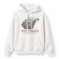 Vintage West Virginia State Graphic Pullover Hoodie in White, front view on a white background