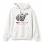 Vintage West Virginia State Graphic Pullover Hoodie in White, front view on a white background