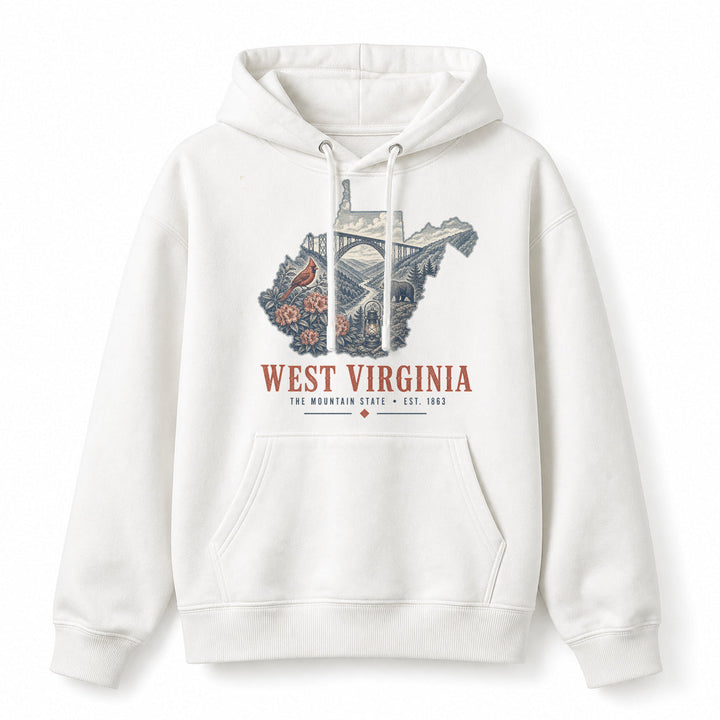 Vintage West Virginia State Graphic Pullover Hoodie in White, front view on a white background