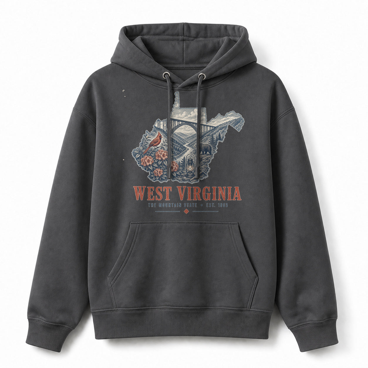 Vintage West Virginia State Graphic Pullover Hoodie in Dark Gray, front view on a white background