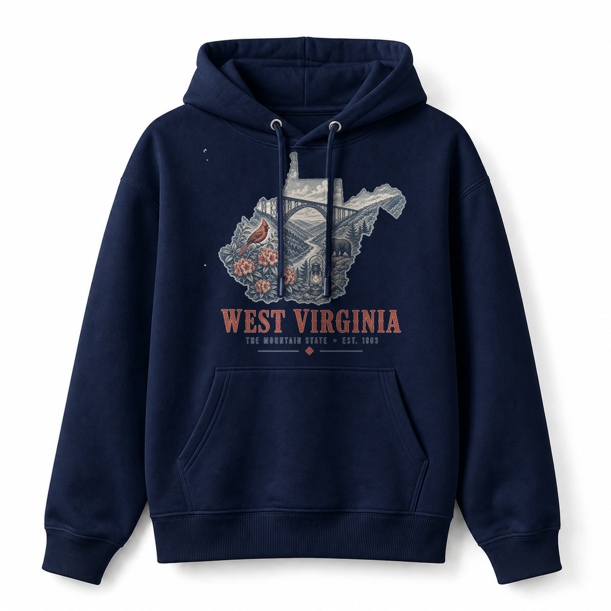 Vintage West Virginia State Graphic Pullover Hoodie in Navy, front view on a white background