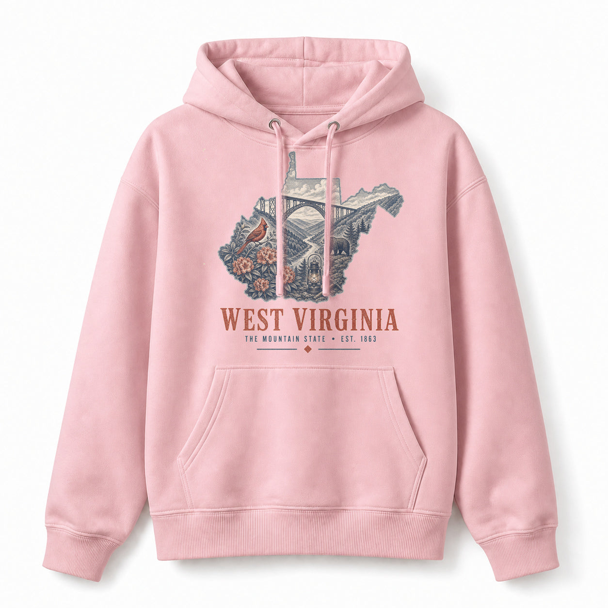 Vintage West Virginia State Graphic Pullover Hoodie in Light Pink, front view on a white background