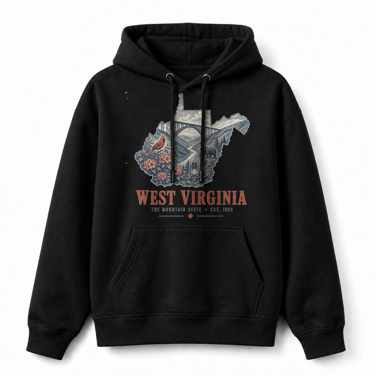 Vintage West Virginia State Graphic Pullover Hoodie in Black, front view on a white background