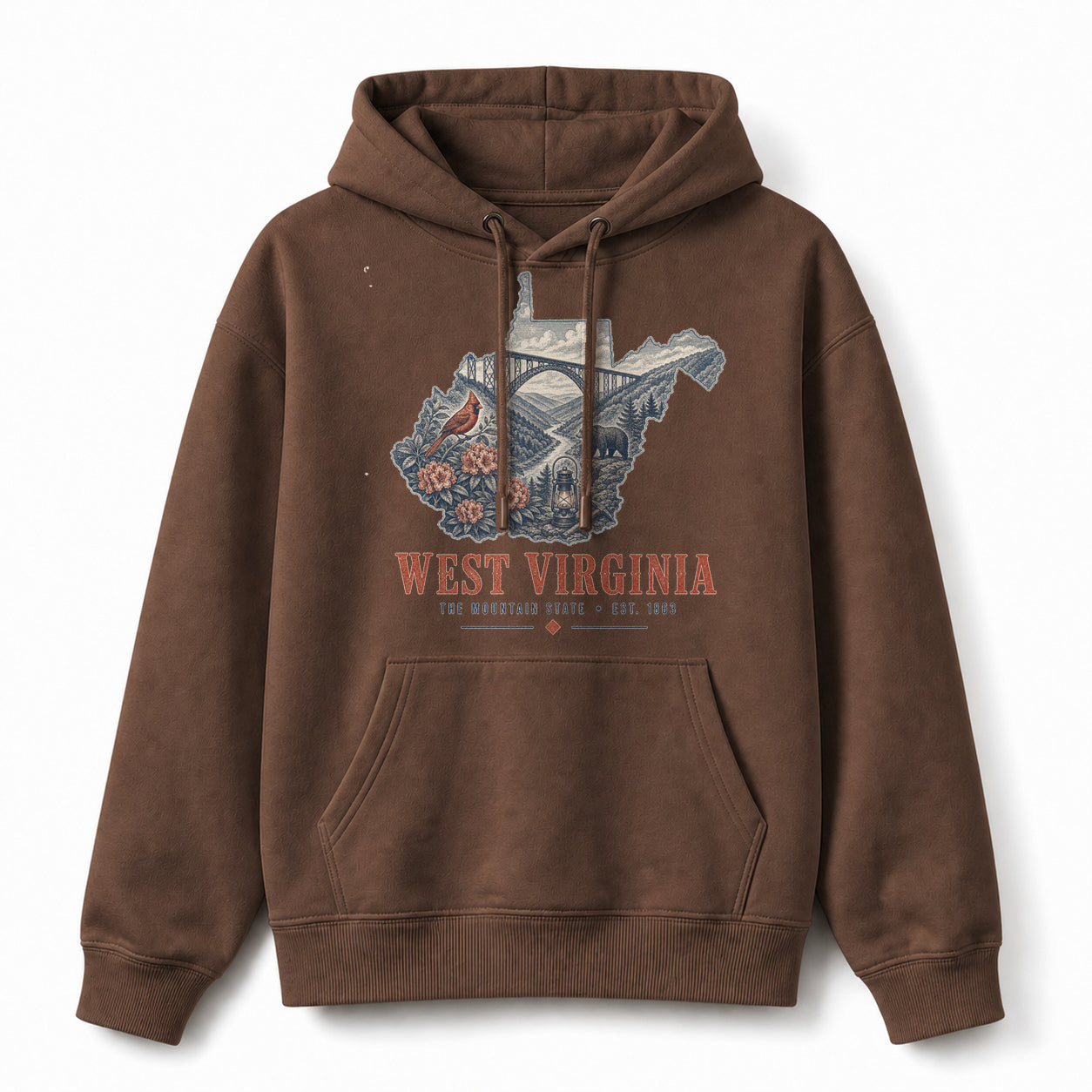 Vintage West Virginia State Graphic Pullover Hoodie in Coffee Brown, front view on a white background