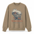 Vintage Wisconsin State Graphic Crewneck Sweatshirt in Khaki, front view on a white background