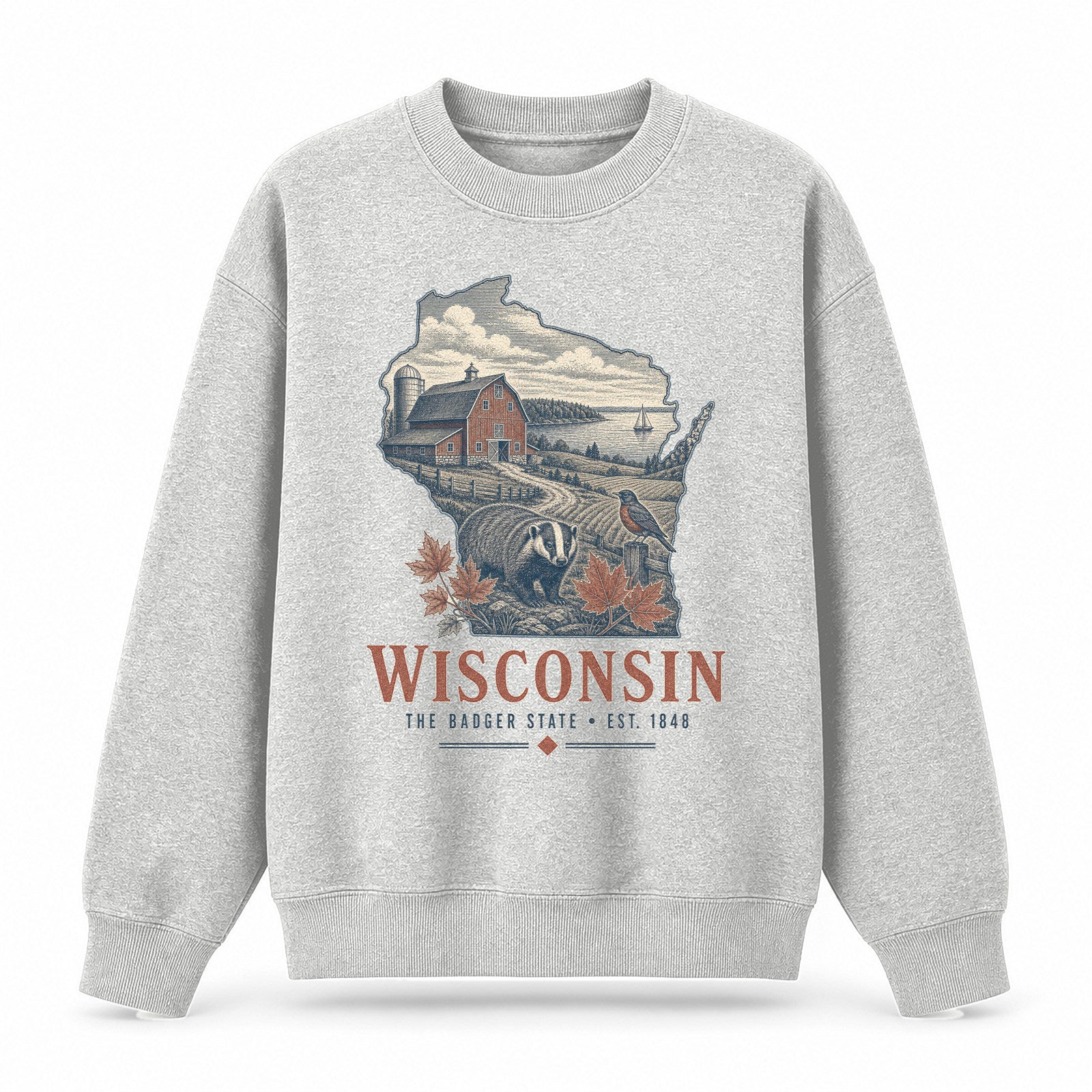 Vintage Wisconsin State Graphic Crewneck Sweatshirt in Light Gray, front view on a white background