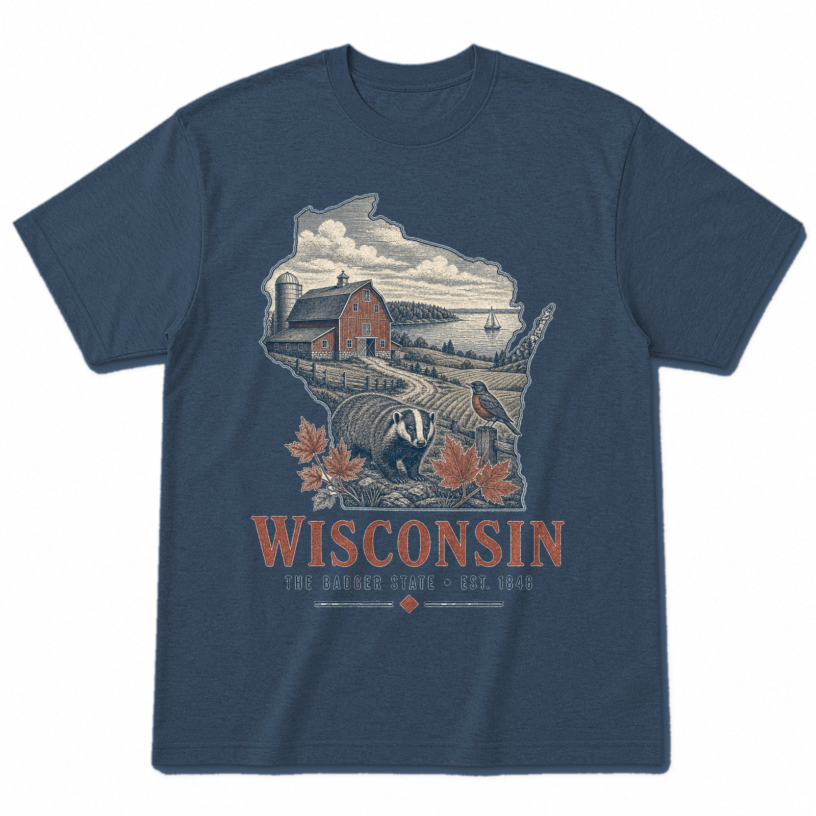 Vintage Wisconsin State Graphic T-Shirt in Washed Navy, front view on a white background