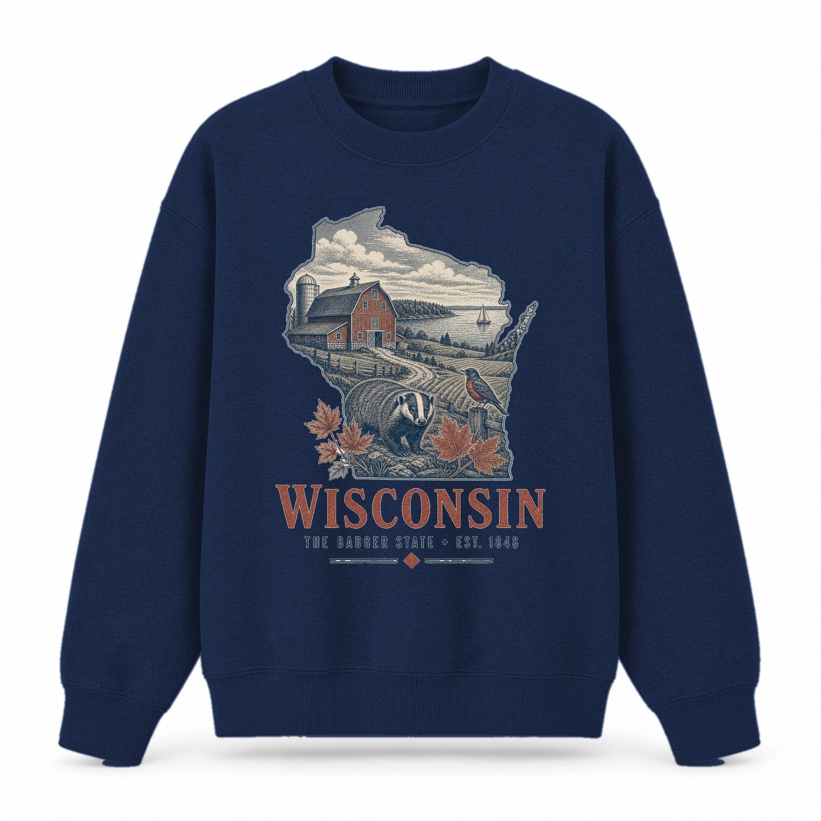 Vintage Wisconsin State Graphic Crewneck Sweatshirt in Navy, front view on a white background