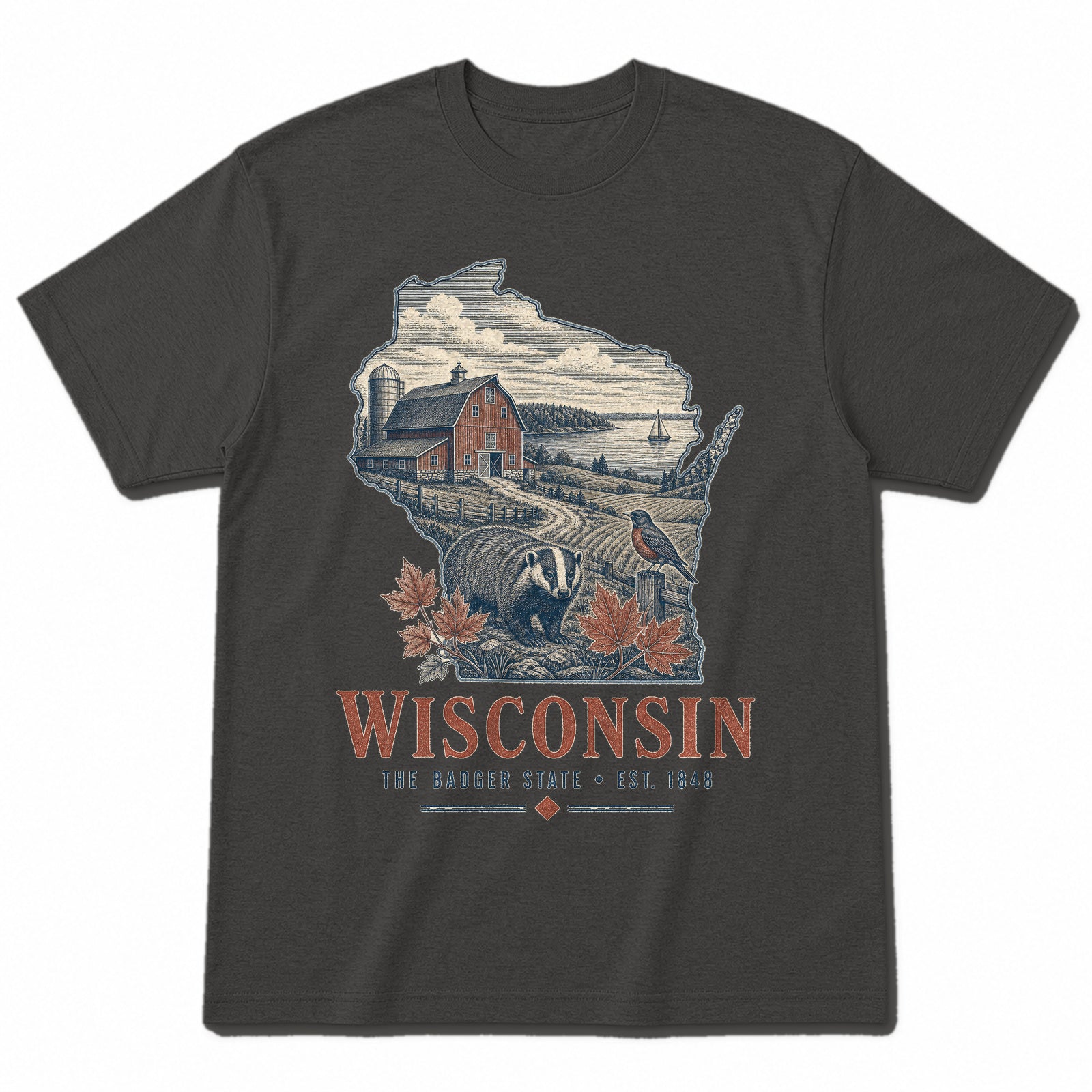 Vintage Wisconsin State Graphic T-Shirt in Vintage Charcoal, front view on a white background