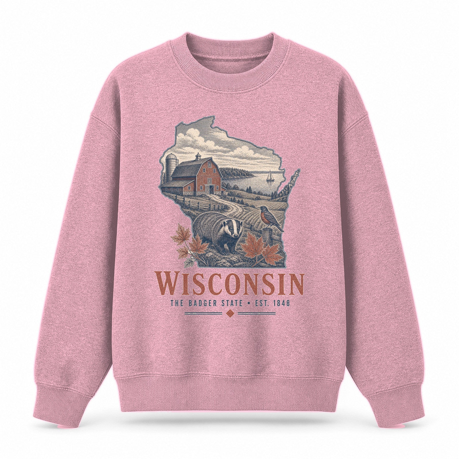 Vintage Wisconsin State Graphic Crewneck Sweatshirt in Pink, front view on a white background