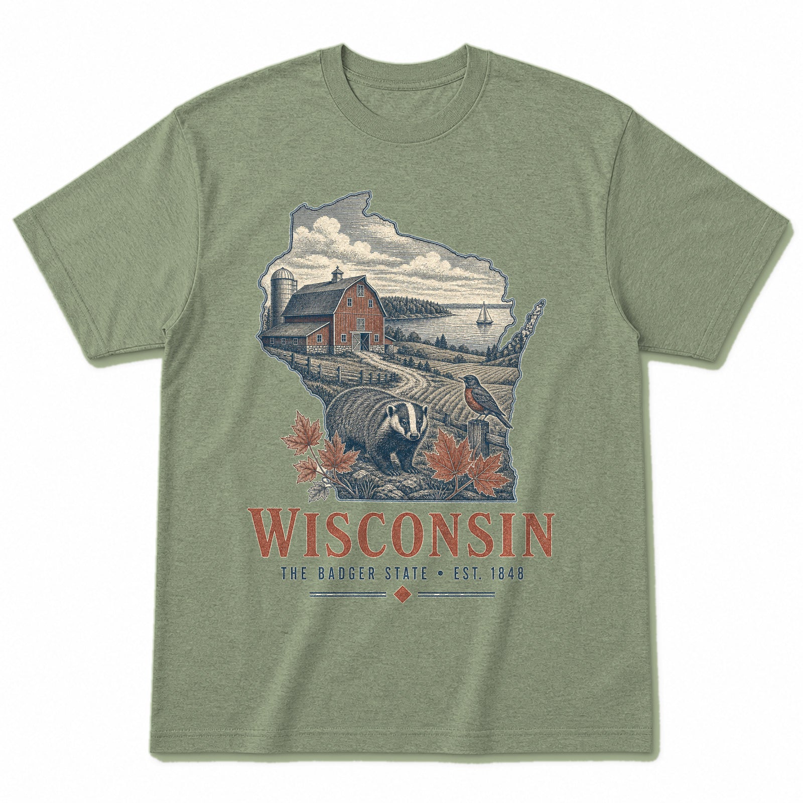 Vintage Wisconsin State Graphic T-Shirt in Light Sage Green, front view on a white background