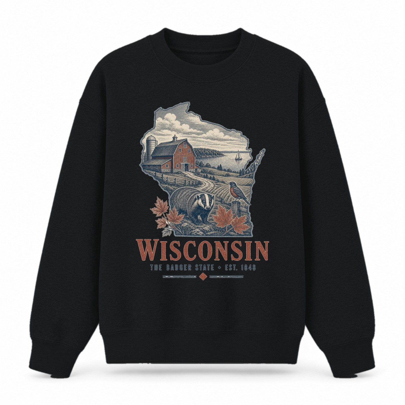 Vintage Wisconsin State Graphic Crewneck Sweatshirt in Black, front view on a white background