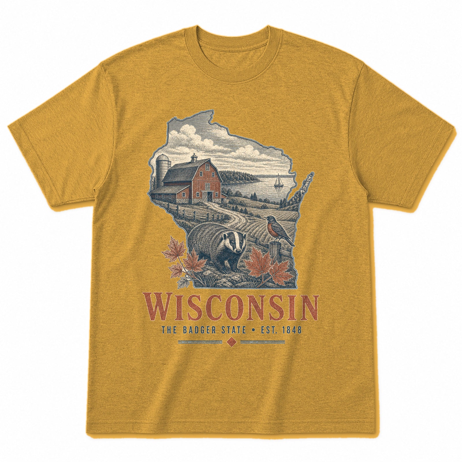 Vintage Wisconsin State Graphic T-Shirt in Vintage Mustard Yellow, front view on a white background