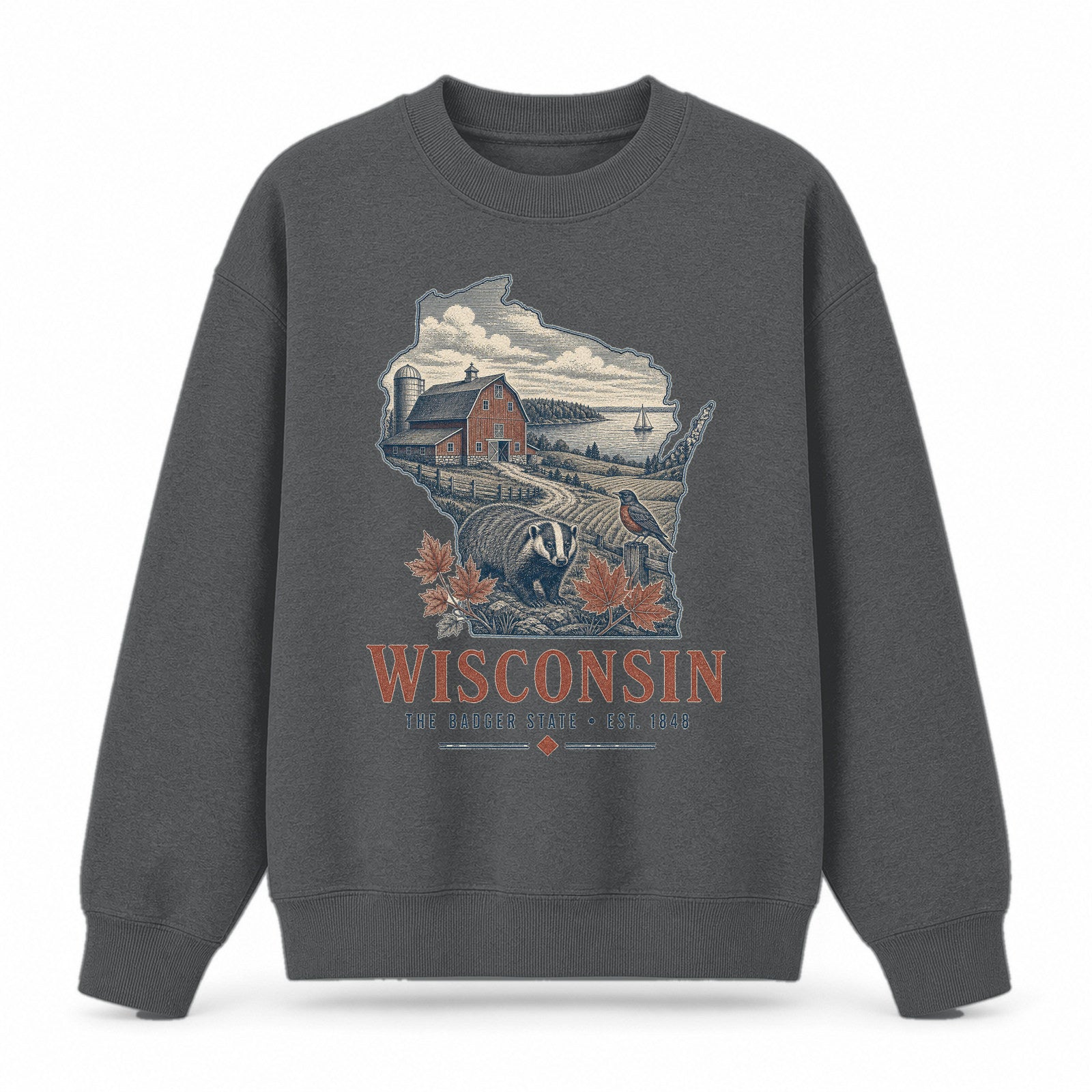Vintage Wisconsin State Graphic Crewneck Sweatshirt in Dark Gray, front view on a white background