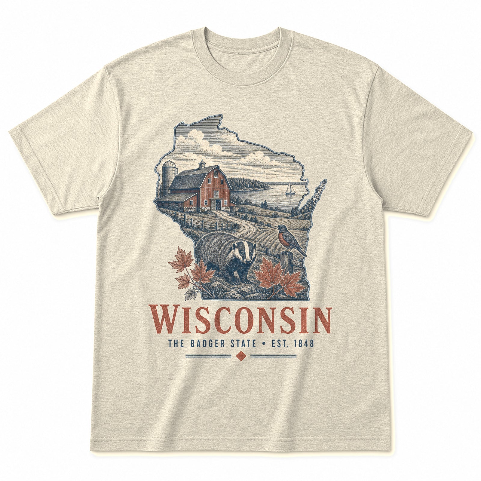 Vintage Wisconsin State Graphic T-Shirt in Natural Cream, front view on a white background