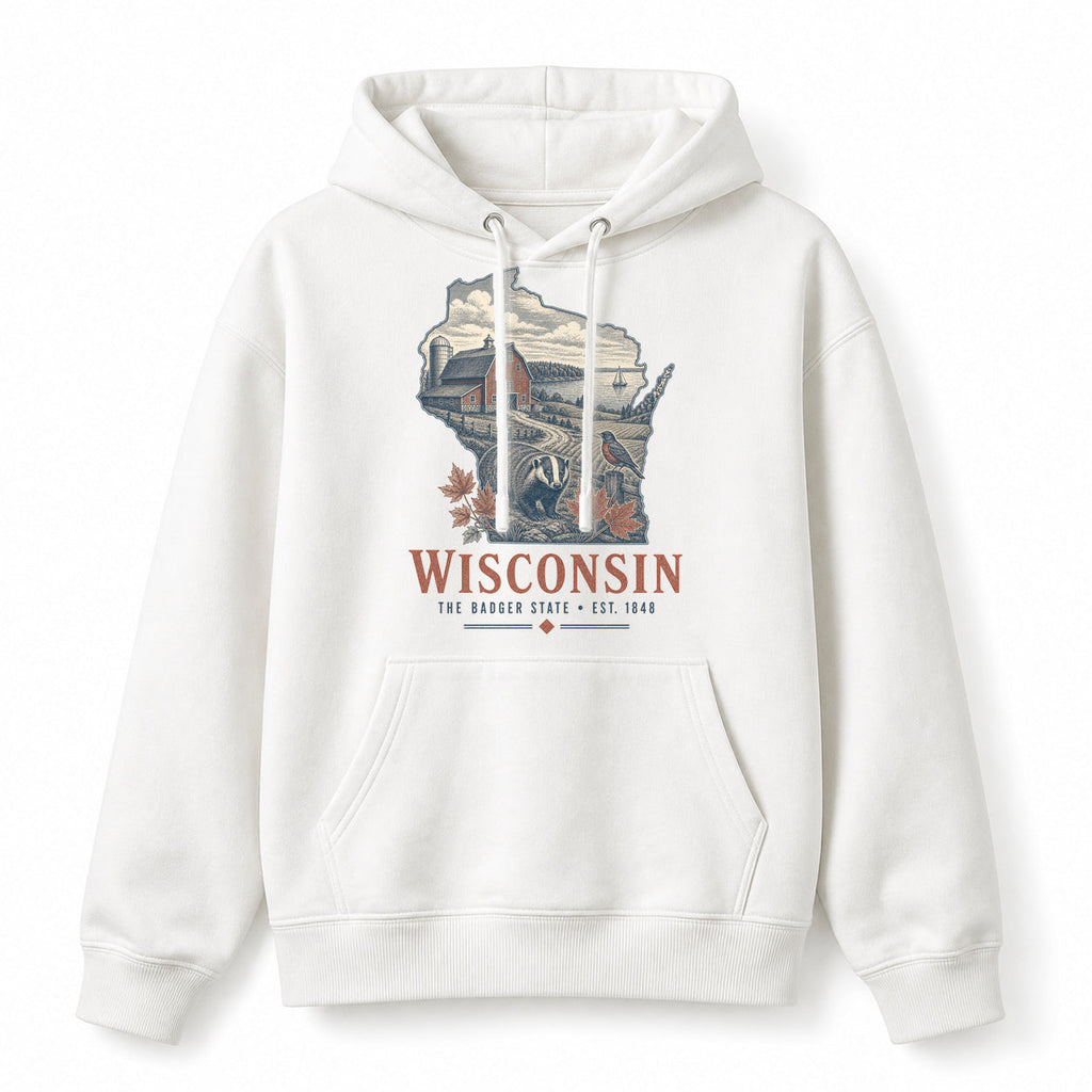 Vintage Wisconsin State Graphic Pullover Hoodie in White, front view on a white background