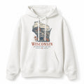 Vintage Wisconsin State Graphic Pullover Hoodie in White, front view on a white background