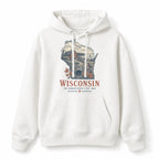 Vintage Wisconsin State Graphic Pullover Hoodie in White, front view on a white background