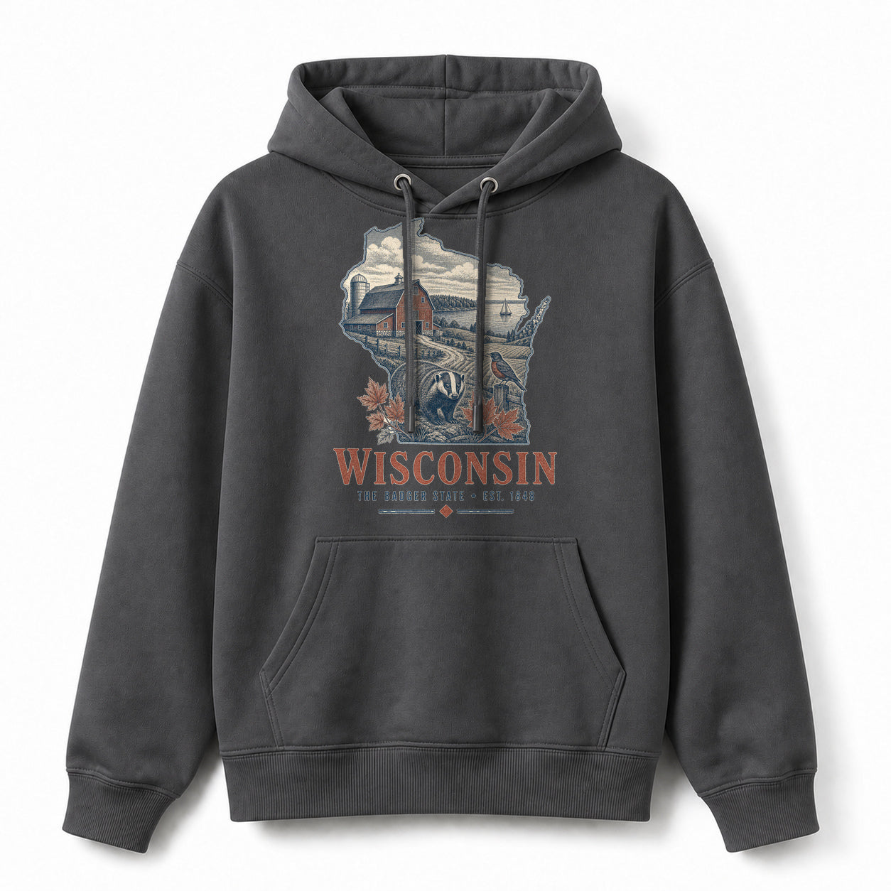 Vintage Wisconsin State Graphic Pullover Hoodie in Dark Gray, front view on a white background