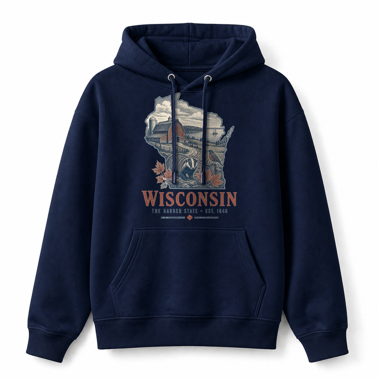 Vintage Wisconsin State Graphic Pullover Hoodie in Navy, front view on a white background