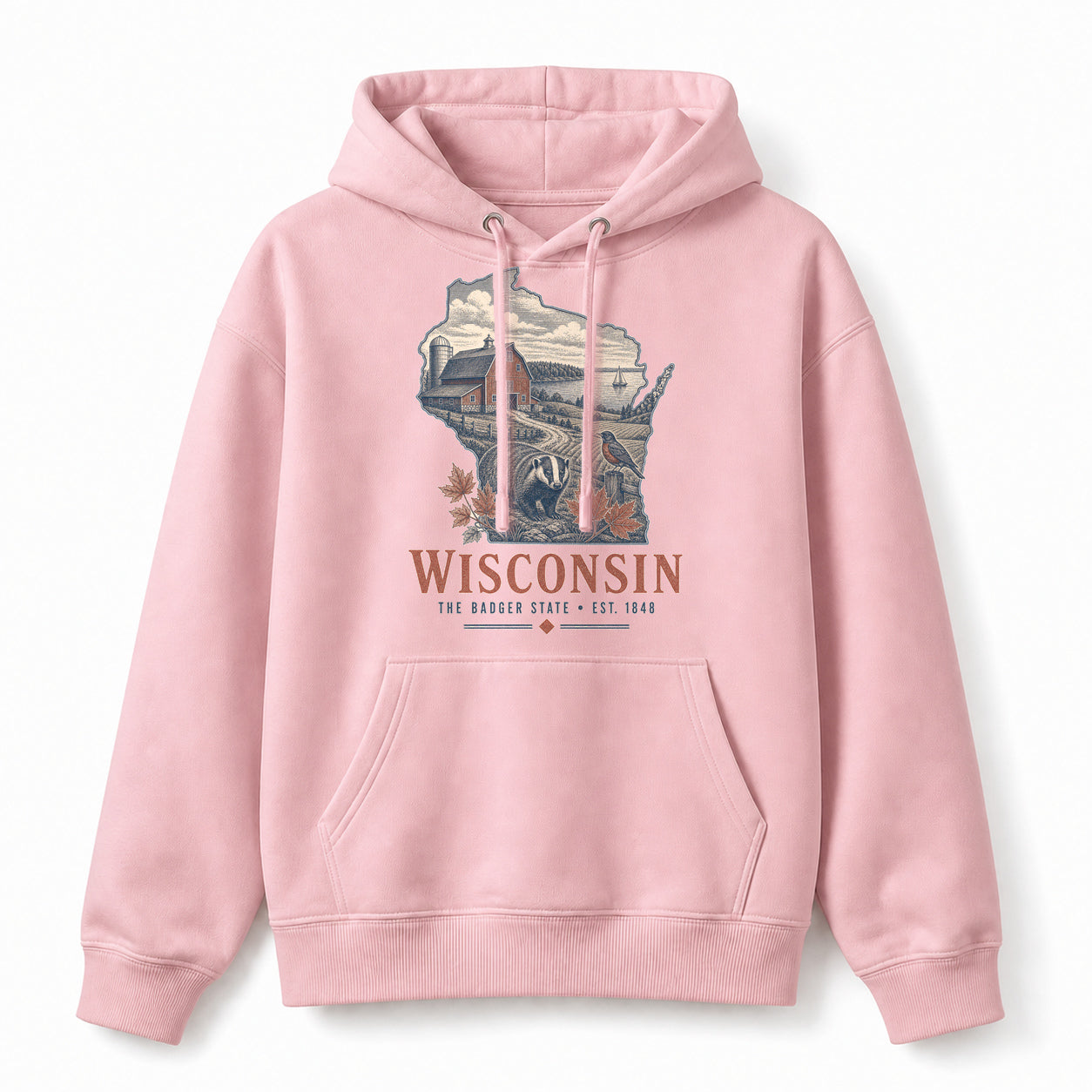 Vintage Wisconsin State Graphic Pullover Hoodie in Light Pink, front view on a white background