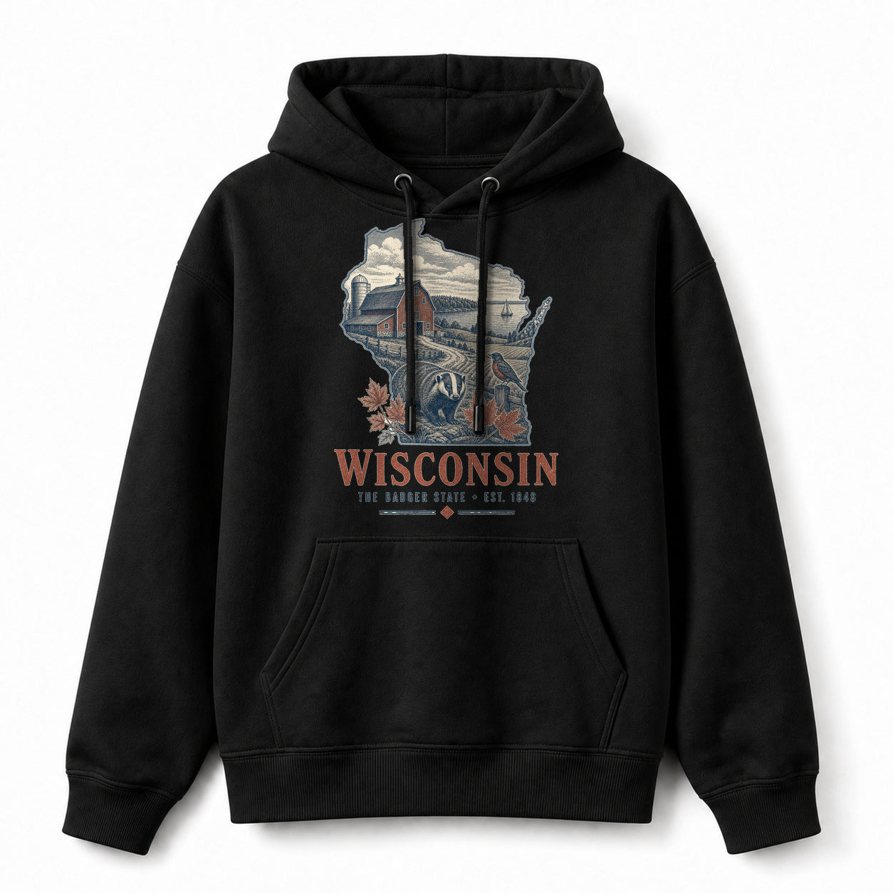 Vintage Wisconsin State Graphic Pullover Hoodie in Black, front view on a white background