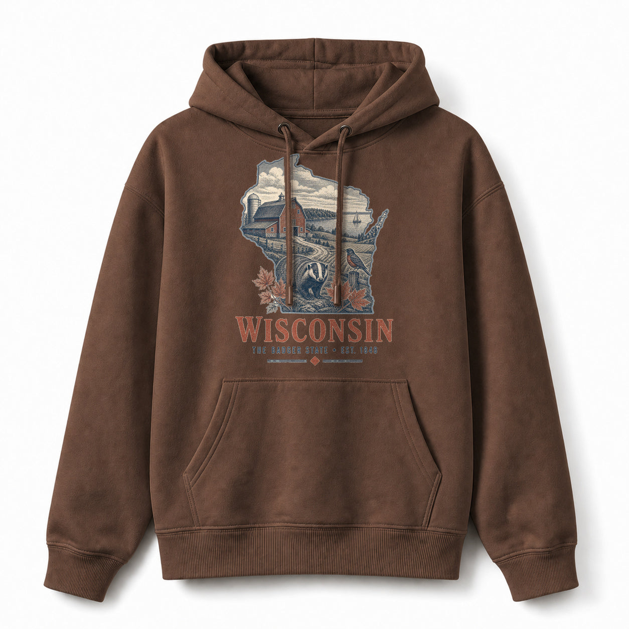 Vintage Wisconsin State Graphic Pullover Hoodie in Coffee Brown, front view on a white background