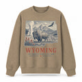 Vintage Wyoming State Graphic Crewneck Sweatshirt in Khaki, front view on a white background
