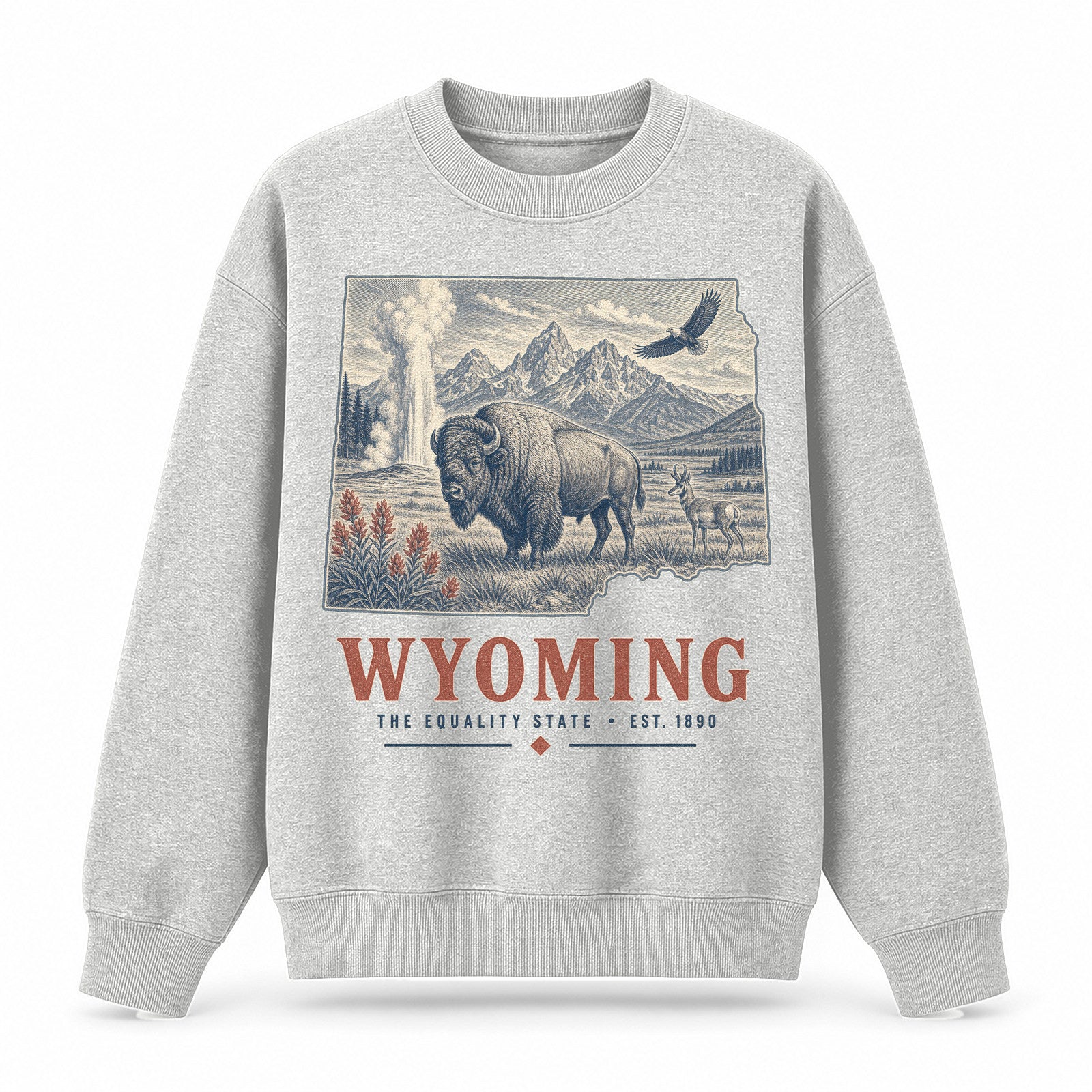 Vintage Wyoming State Graphic Crewneck Sweatshirt in Light Gray, front view on a white background