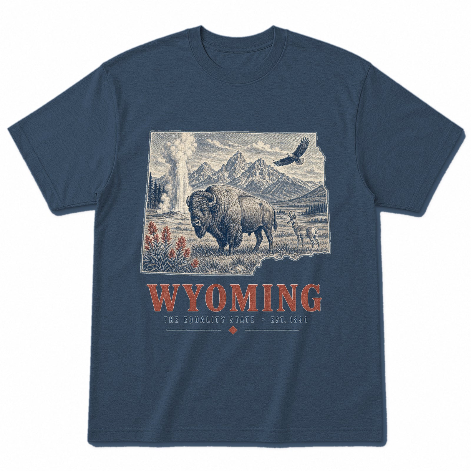 Vintage Wyoming State Graphic T-Shirt in Washed Navy, front view on a white background