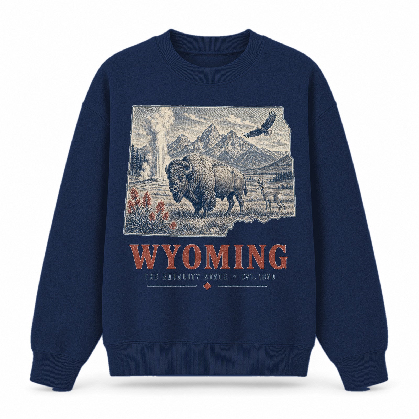 Vintage Wyoming State Graphic Crewneck Sweatshirt in Navy, front view on a white background