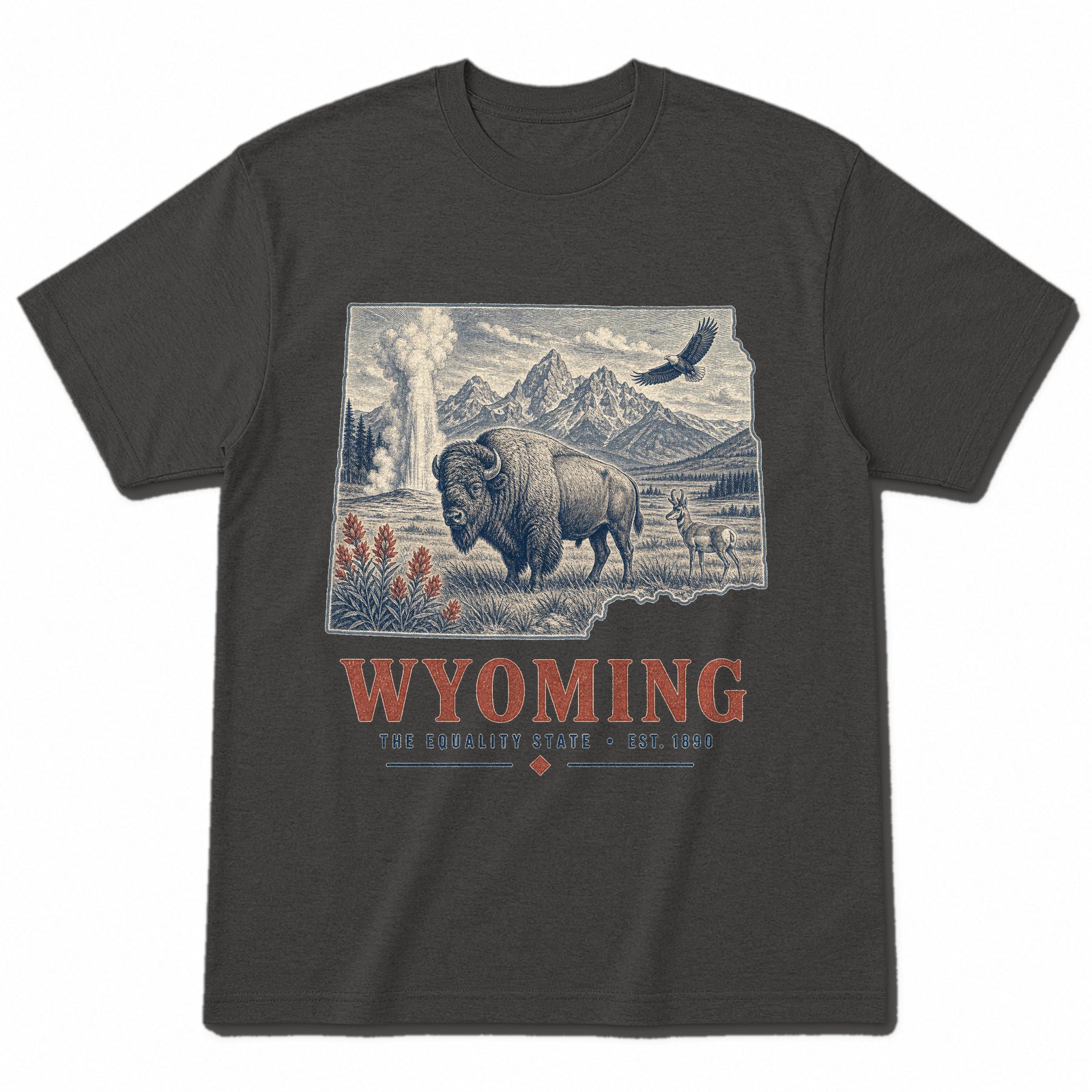 Vintage Wyoming State Graphic T-Shirt in Vintage Charcoal, front view on a white background