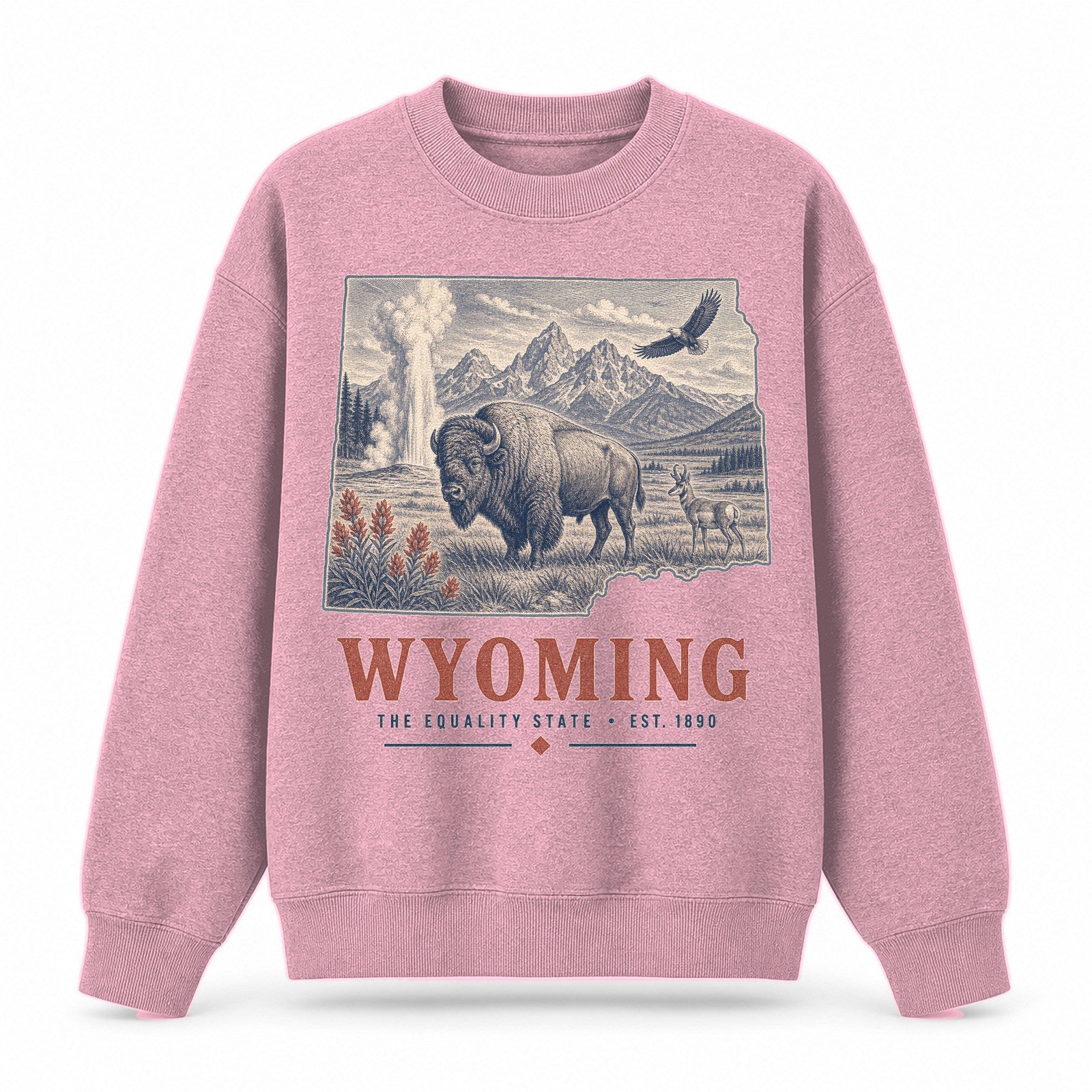 Vintage Wyoming State Graphic Crewneck Sweatshirt in Pink, front view on a white background