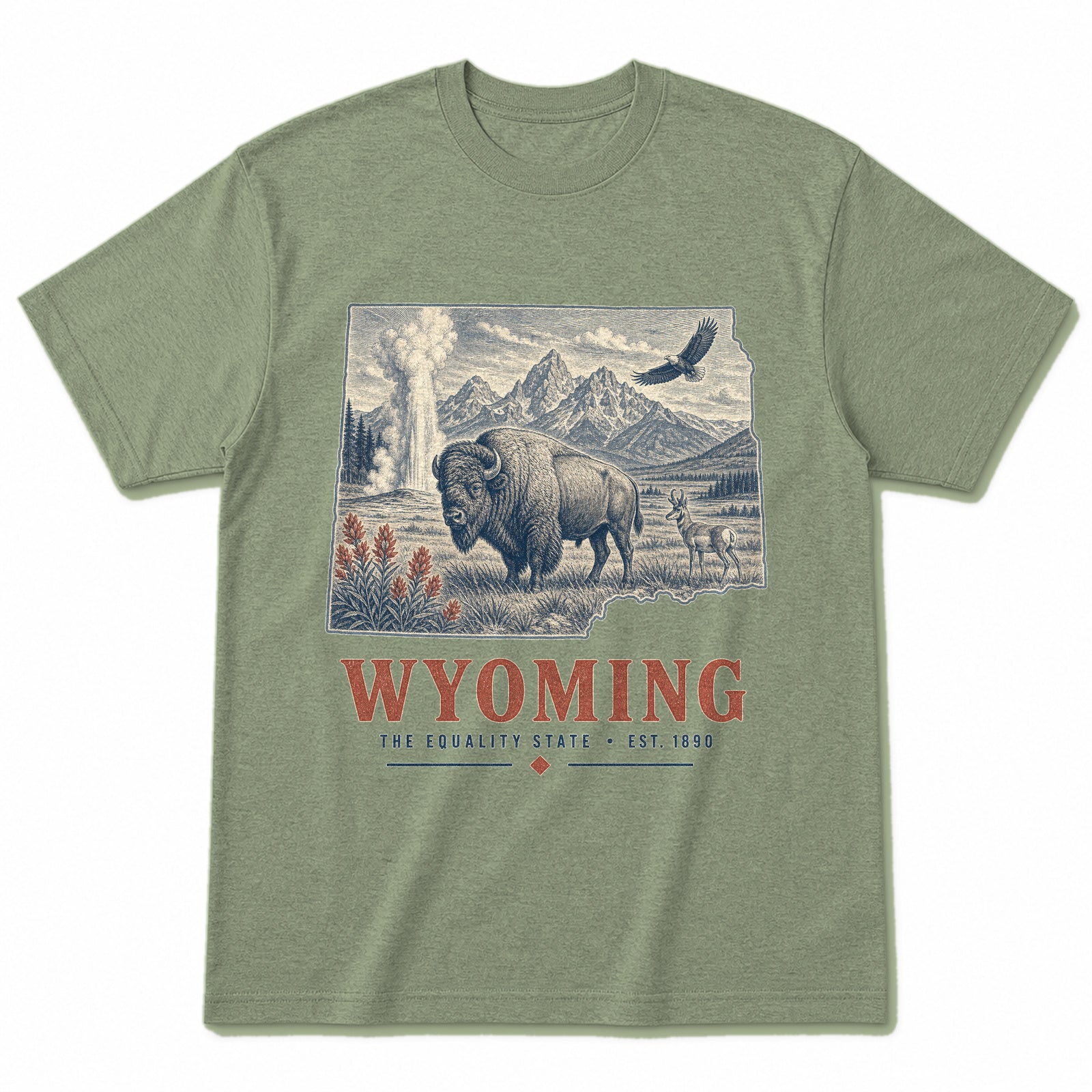 Vintage Wyoming State Graphic T-Shirt in Light Sage Green, front view on a white background