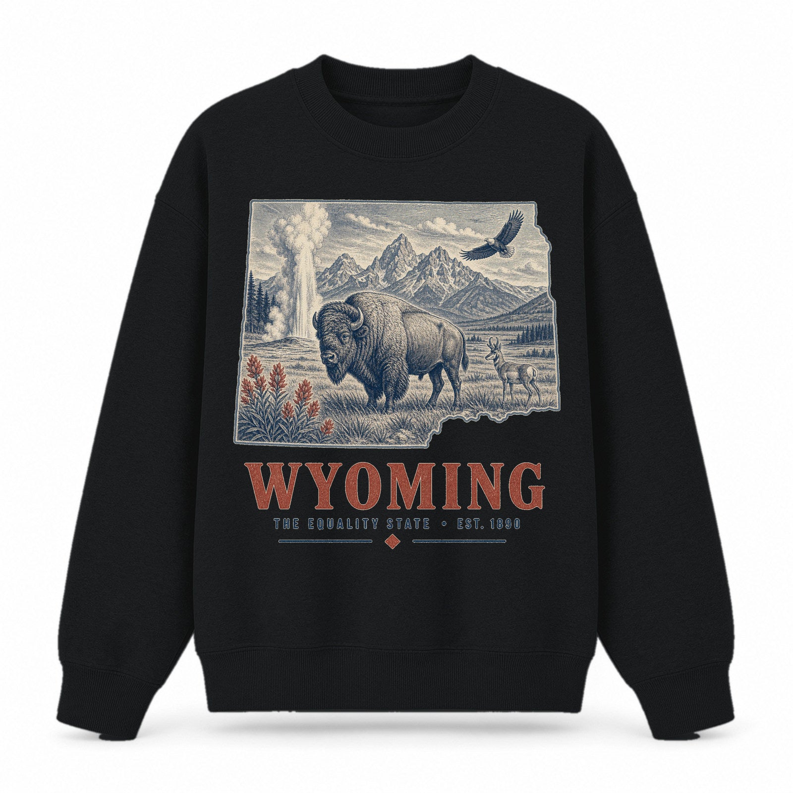 Vintage Wyoming State Graphic Crewneck Sweatshirt in Black, front view on a white background