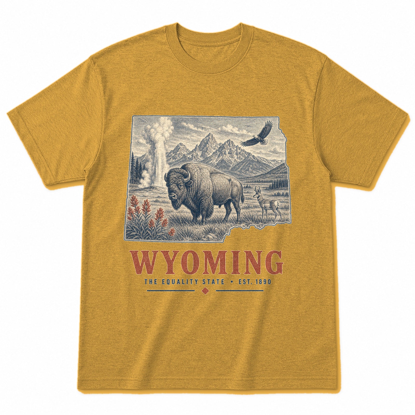 Vintage Wyoming State Graphic T-Shirt in Vintage Mustard Yellow, front view on a white background