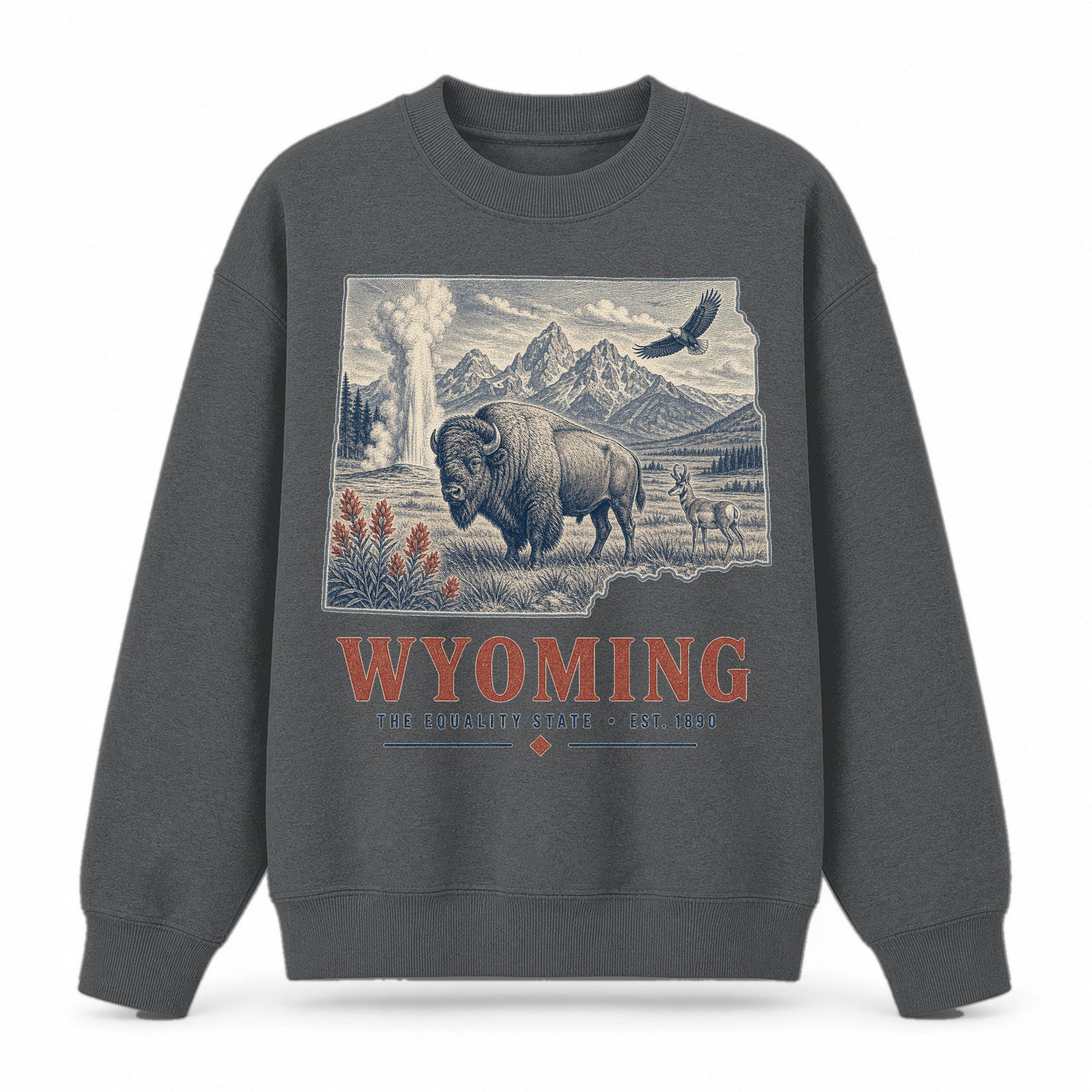 Vintage Wyoming State Graphic Crewneck Sweatshirt in Dark Gray, front view on a white background