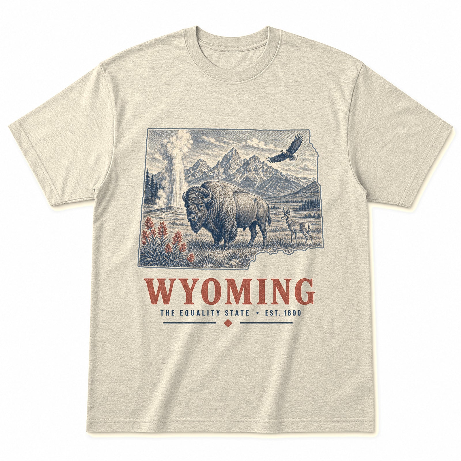 Vintage Wyoming State Graphic T-Shirt in Natural Cream, front view on a white background