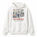 Vintage Wyoming State Graphic Pullover Hoodie in White, front view on a white background