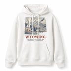 Vintage Wyoming State Graphic Pullover Hoodie in White, front view on a white background