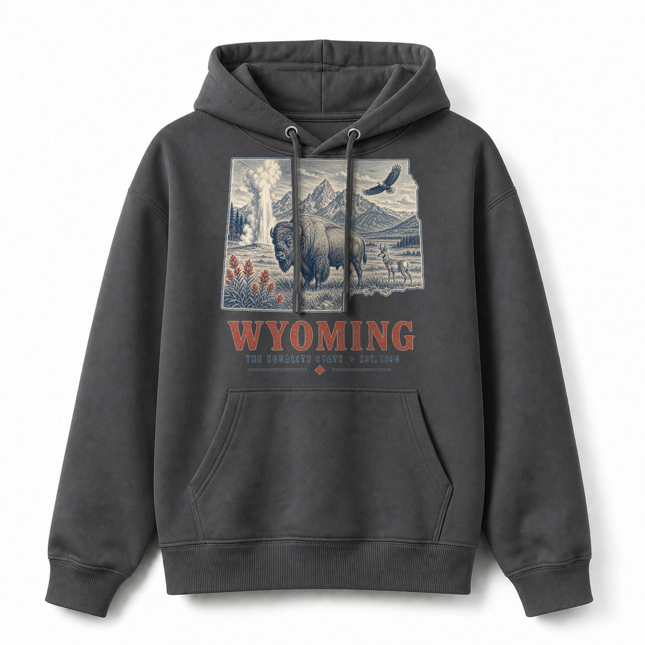 Vintage Wyoming State Graphic Pullover Hoodie in Dark Gray, front view on a white background