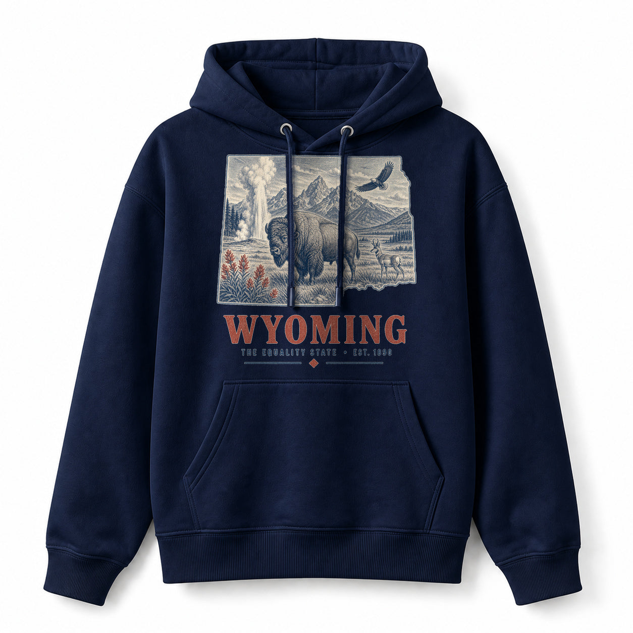 Vintage Wyoming State Graphic Pullover Hoodie in Navy, front view on a white background
