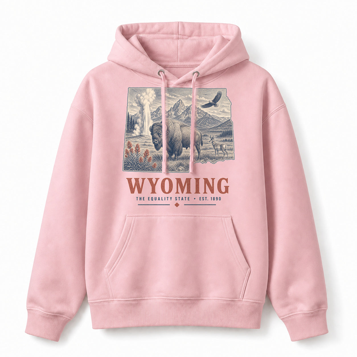 Vintage Wyoming State Graphic Pullover Hoodie in Light Pink, front view on a white background
