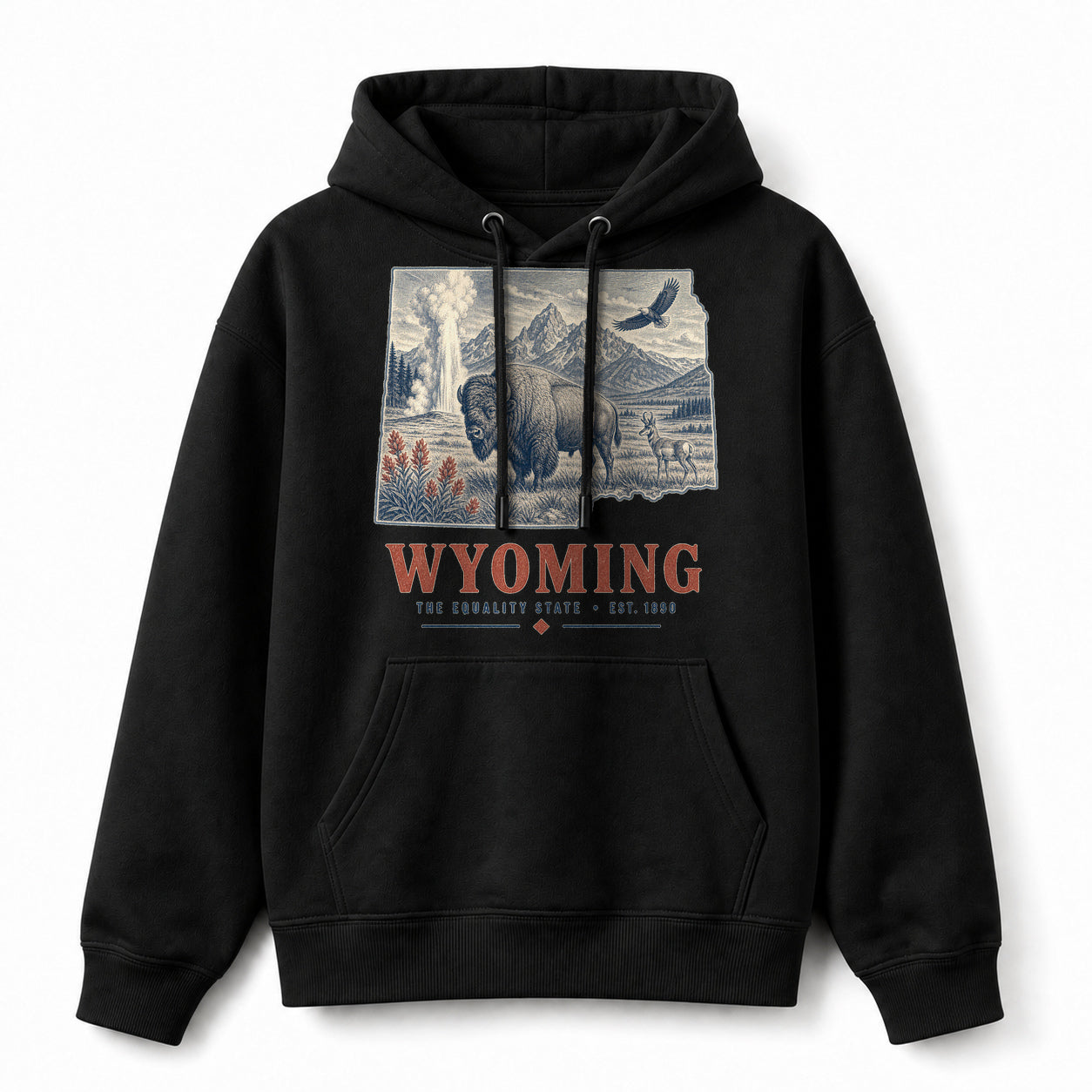 Vintage Wyoming State Graphic Pullover Hoodie in Black, front view on a white background